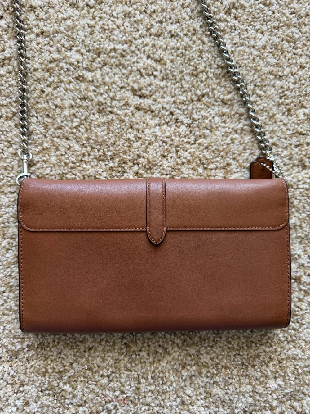 Coach Nomad Crossbody Clutch Wallet in Saddle Brown Leather Silver Chain